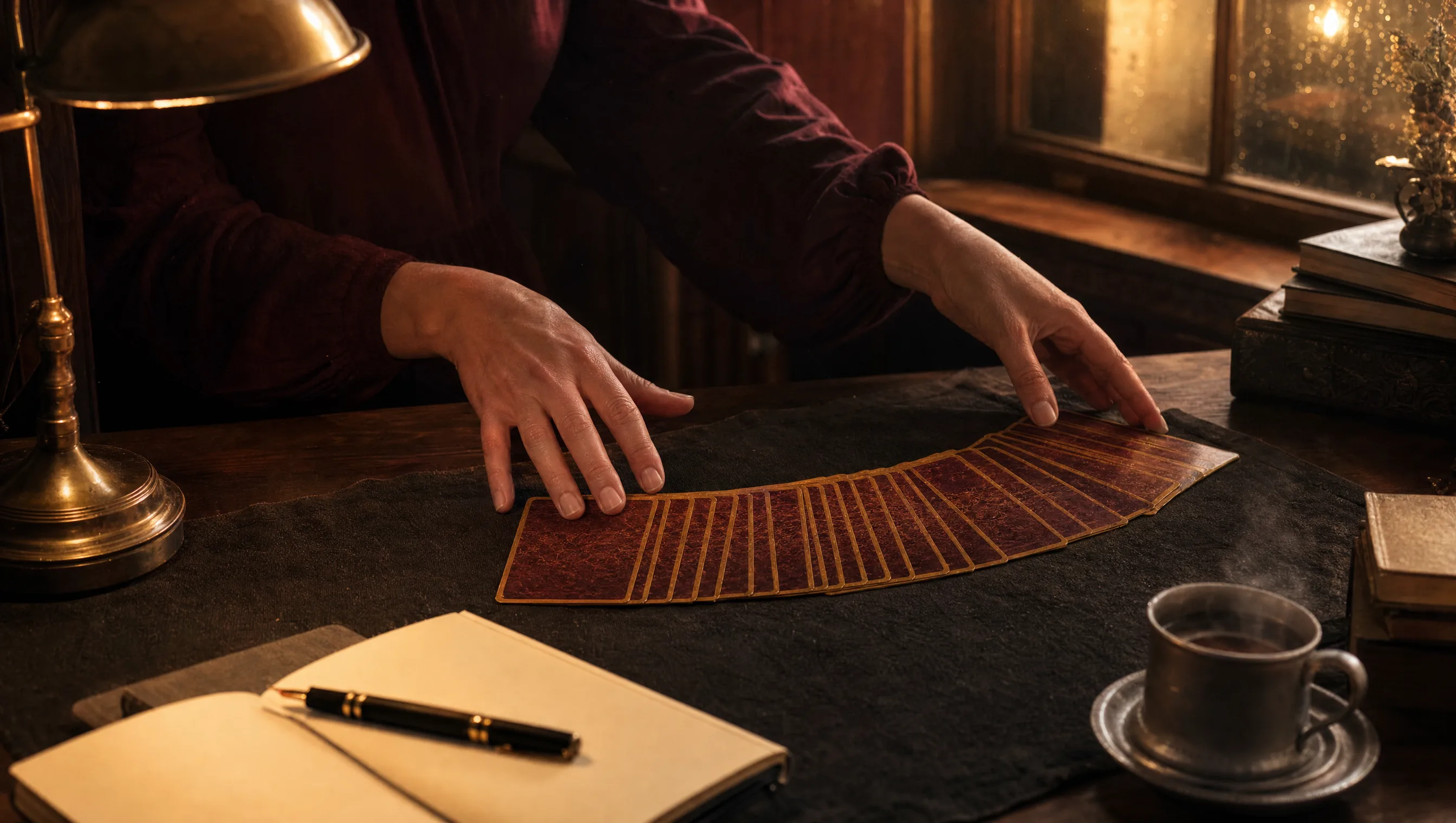A quiet editorial desk: a beeswax candle, three leather-bound books, a sealed letter, and a thin ribbon of incense smoke.