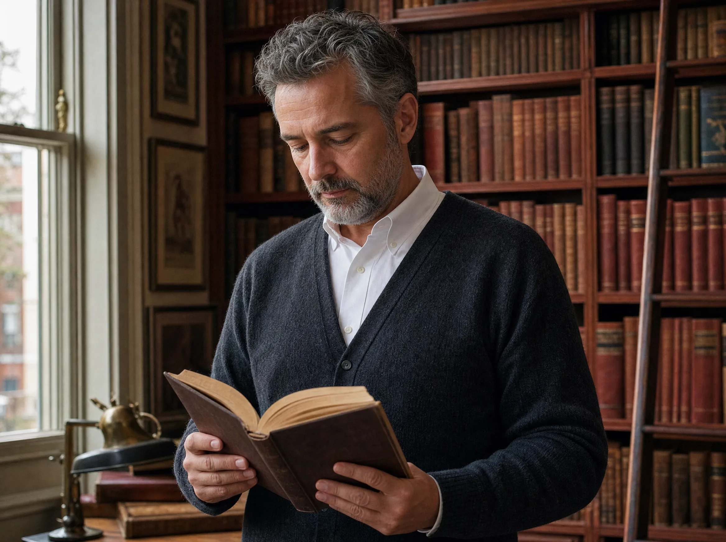 A man in his fifties in a charcoal cardigan, reading an antique clothbound book in a quiet study lined with leather-bound volumes.