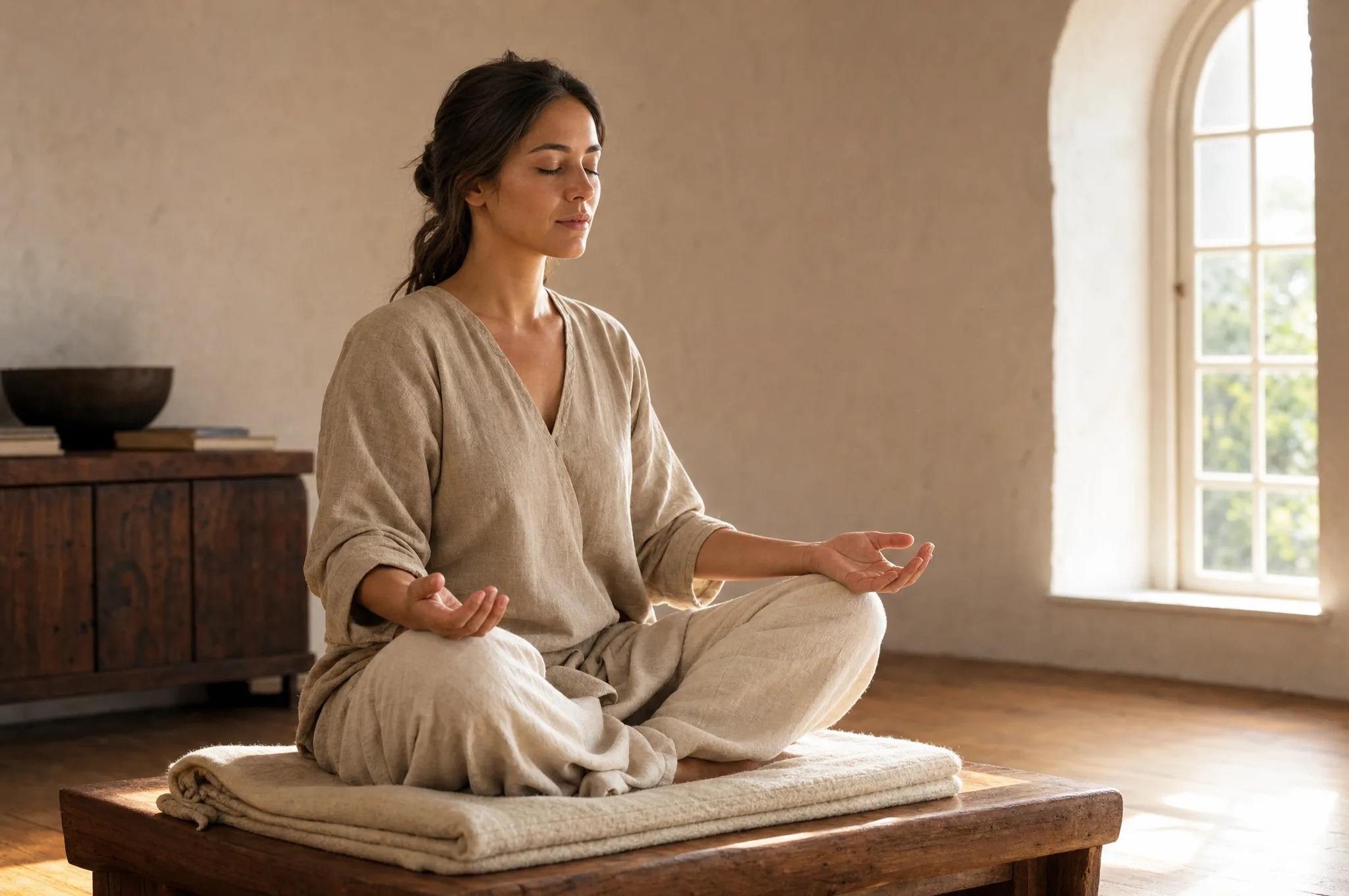 A woman in a sand-colored linen tunic sitting cross-legged on a folded blanket in a sunlit room, eyes gently closed, palms resting open on her knees.