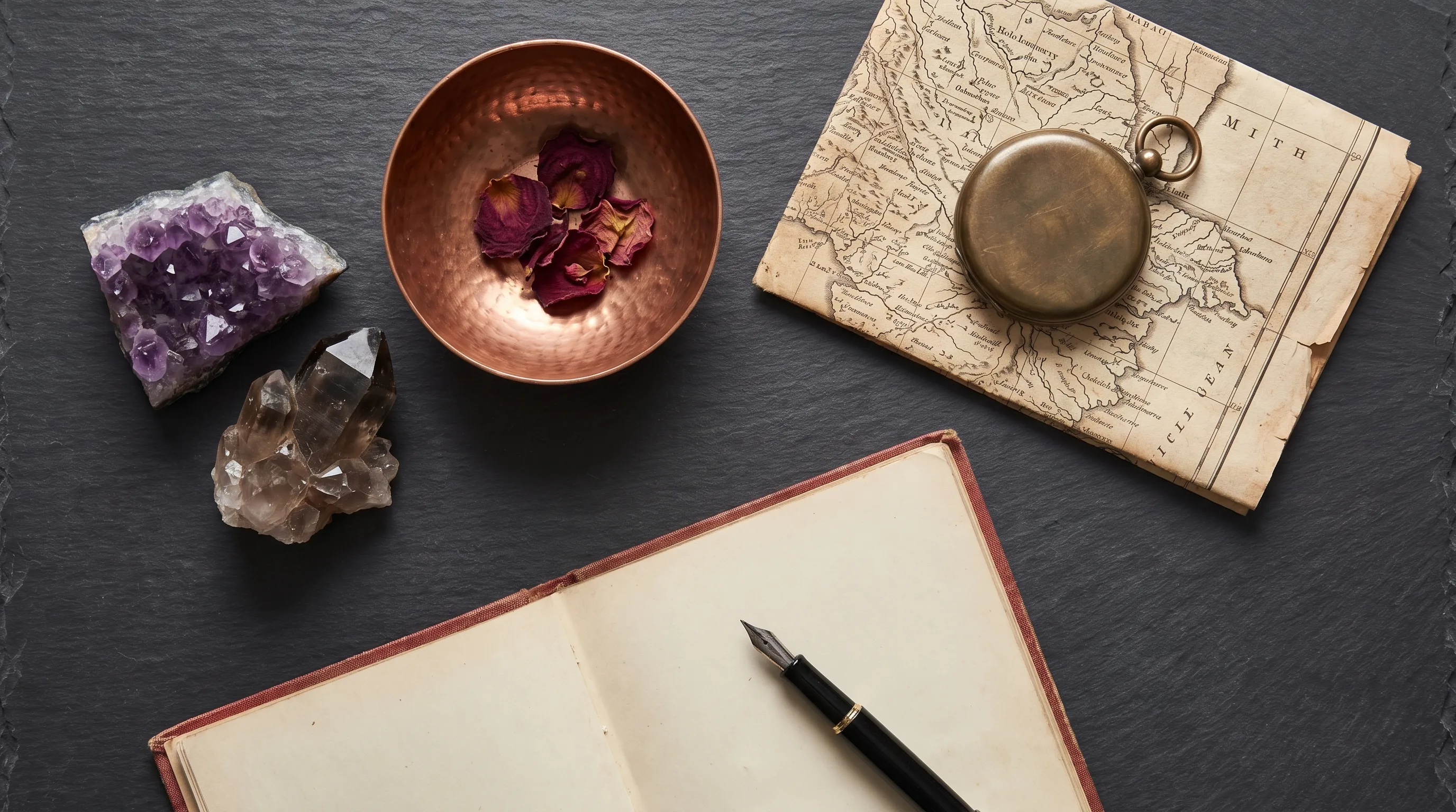 Overhead flat-lay on dark slate: an amethyst geode, a smoky quartz cluster, a hammered copper bowl, an antique map weighted by a brass compass, and an open clothbound notebook.